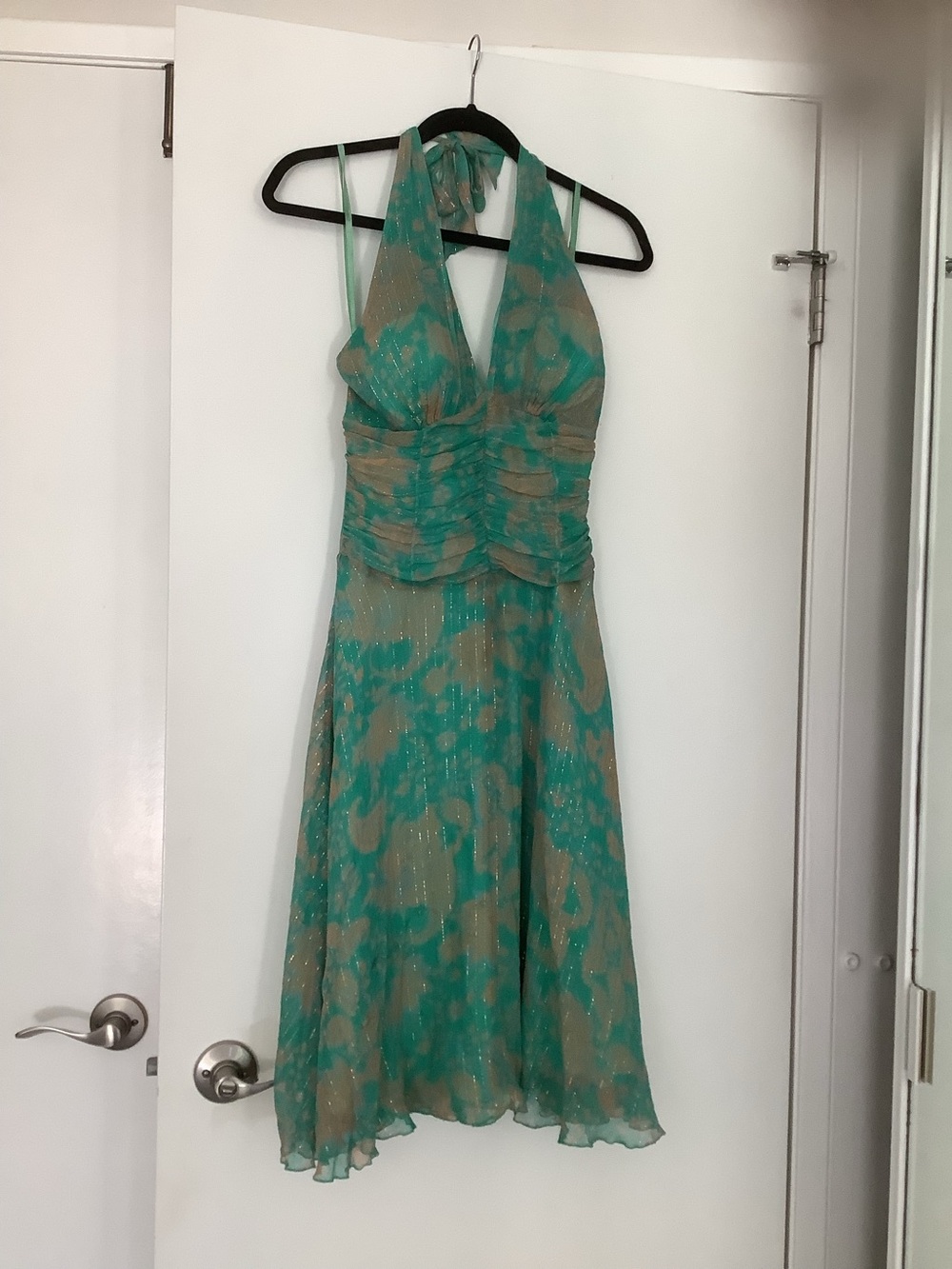 Philip Decaprio Silk Halter Neck Green Print Midi Dress, size 2